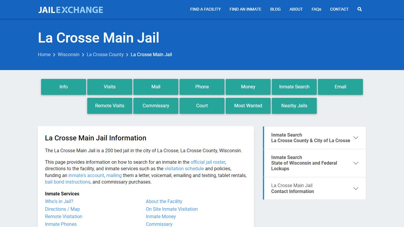 La Crosse Main Jail, WI Inmate Search, Information